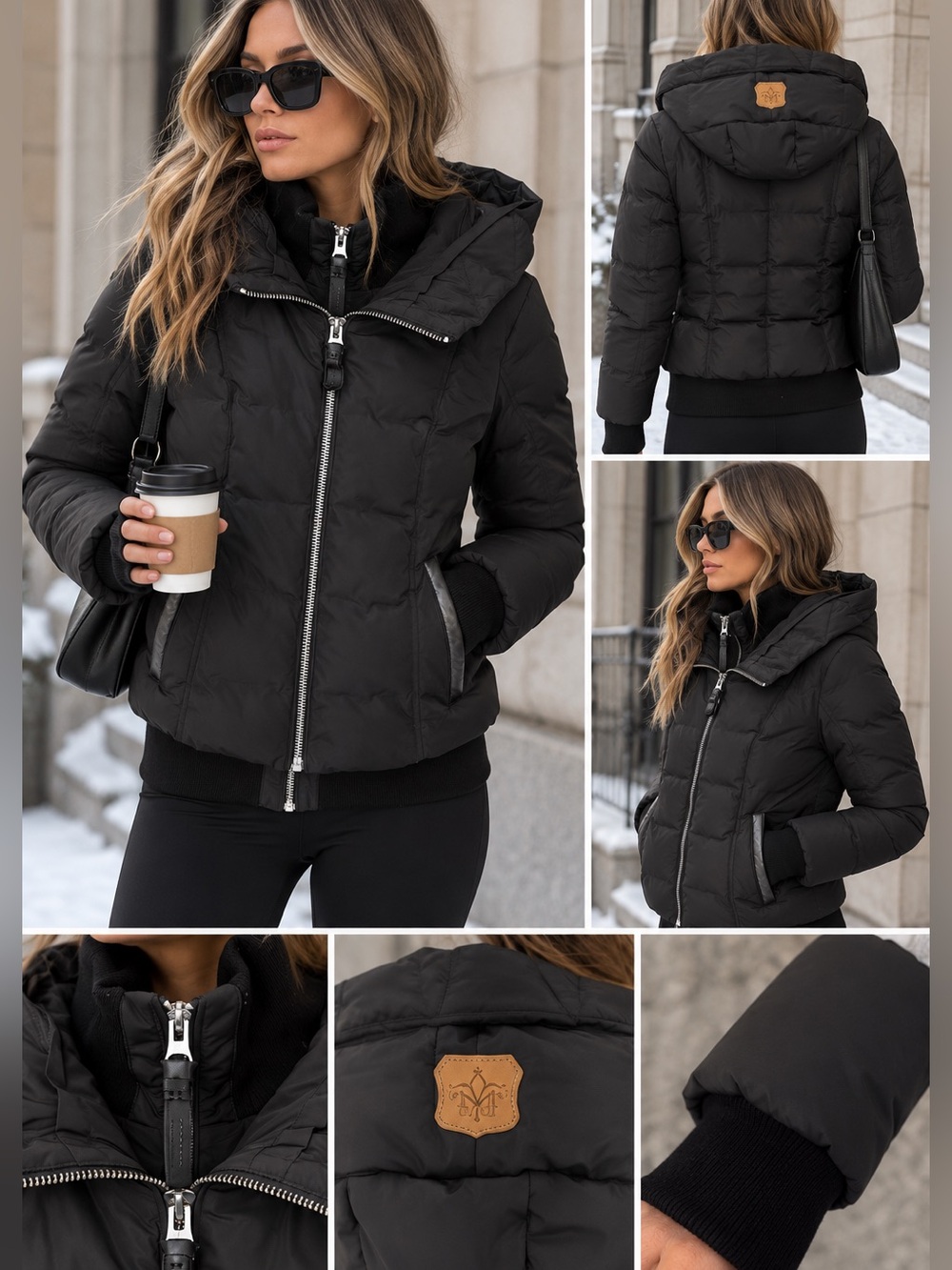 Mackage Black Down Puffer Jacket Leather Trim Hooded Bomber Coat